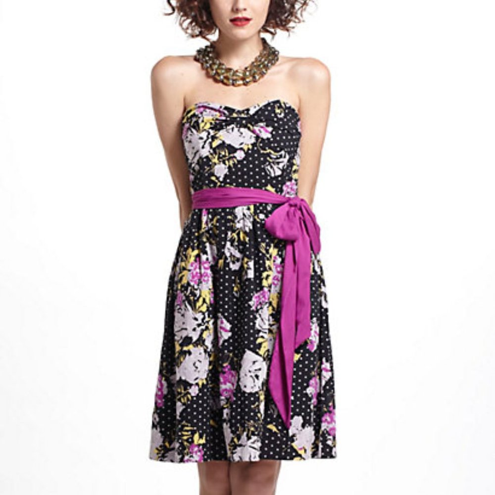 Anthropologie Floral Strapless Dress with Magenta Sash